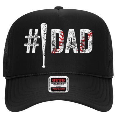 Number One Baseball Dad Funny Fathers Day Gift For Daddy High Crown Mesh Back Trucker Hat