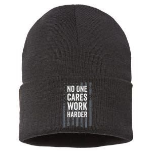 No One Cares Work Harder Motivational Workout Gym ON BACK Sustainable Knit Beanie