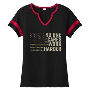 No One Cares Work Harder Motivational Workout Gym Camo Ladies Halftime Notch Neck Tee