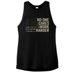 No One Cares Work Harder Motivational Workout Gym Camo Ladies PosiCharge Tri-Blend Wicking Tank