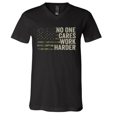 No One Cares Work Harder Motivational Workout Gym Camo V-Neck T-Shirt