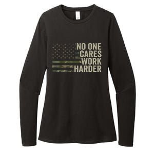 No One Cares Work Harder Motivational Workout Gym Camo Womens CVC Long Sleeve Shirt