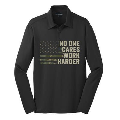 No One Cares Work Harder Motivational Workout Gym Camo Silk Touch Performance Long Sleeve Polo