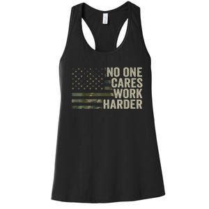 No One Cares Work Harder Motivational Workout Gym Camo Women's Racerback Tank