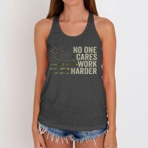 No One Cares Work Harder Motivational Workout Gym Camo Women's Knotted Racerback Tank