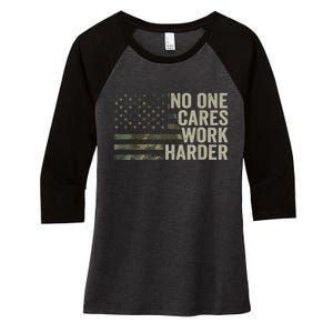 No One Cares Work Harder Motivational Workout Gym Camo Women's Tri-Blend 3/4-Sleeve Raglan Shirt