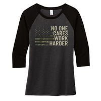 No One Cares Work Harder Motivational Workout Gym Camo Women's Tri-Blend 3/4-Sleeve Raglan Shirt