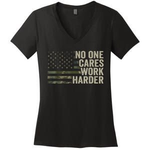 No One Cares Work Harder Motivational Workout Gym Camo Women's V-Neck T-Shirt