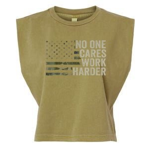 No One Cares Work Harder Motivational Workout Gym Camo Garment-Dyed Women's Muscle Tee