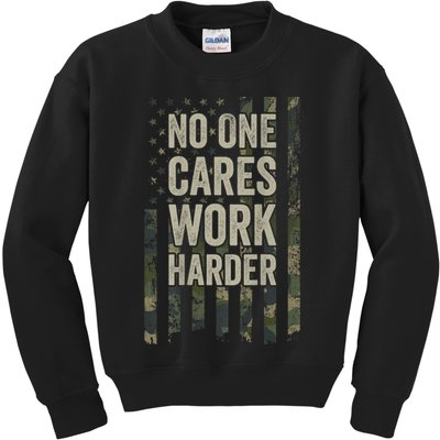 No One Cares Work Harder Motivational Workout Gym Kids Sweatshirt