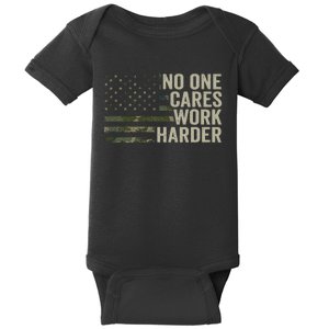 No One Cares Work Harder Motivational Workout Gym Camo Baby Bodysuit