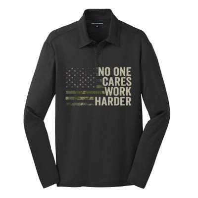 No One Cares Work Harder Motivational Workout Gym Camo Silk Touch Performance Long Sleeve Polo