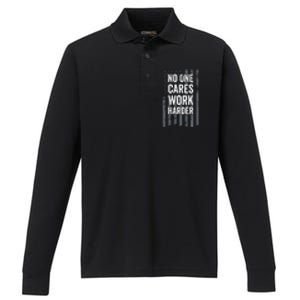 No One Cares Work Harder Motivational Workout Gym ON BACK Performance Long Sleeve Polo