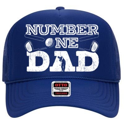 Number One Dad Golf Father Golfing Daddy Gift High Crown Mesh Back Trucker Hat