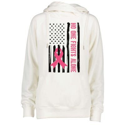 No One Fights Alone Breast Cancer Usa Ribbon Womens Funnel Neck Pullover Hood