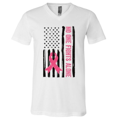 No One Fights Alone Breast Cancer Usa Ribbon V-Neck T-Shirt