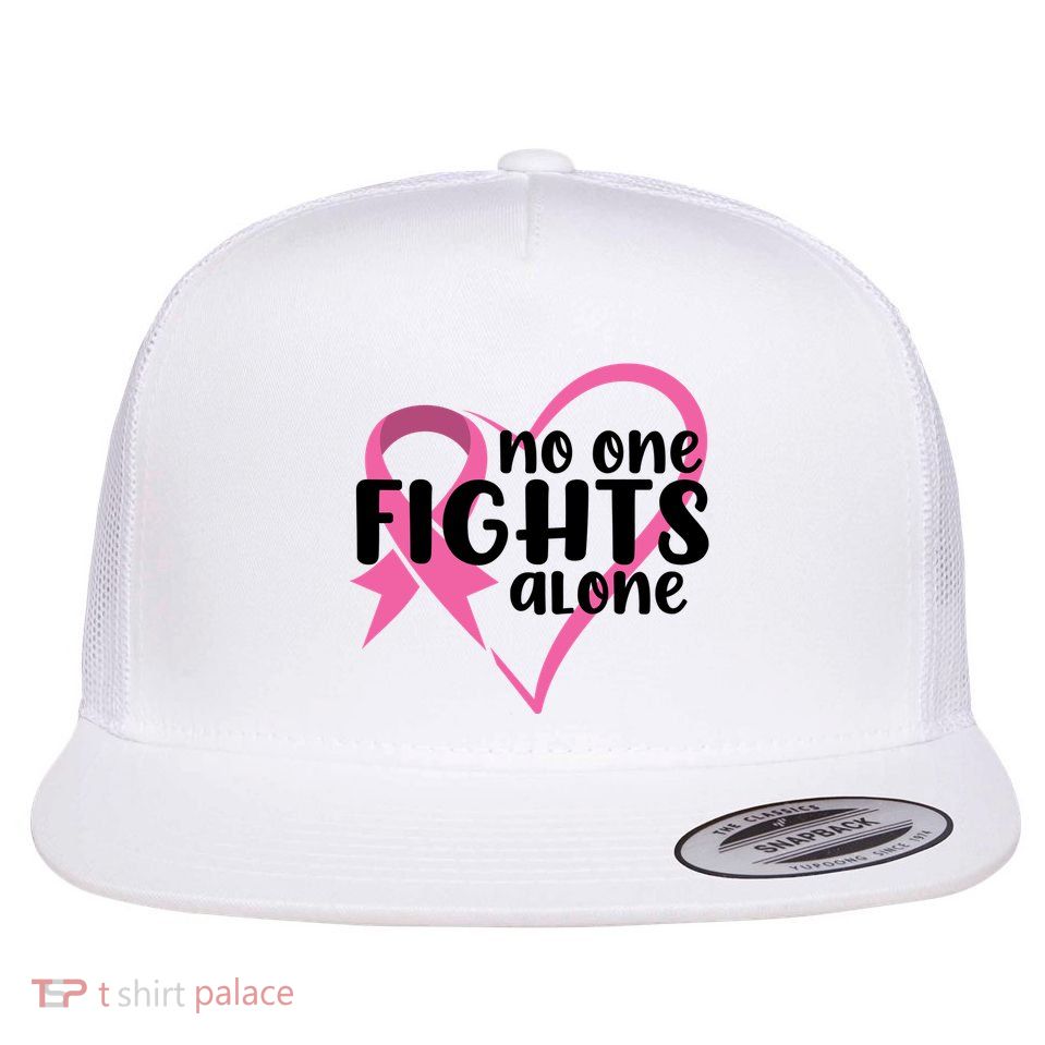 No One Fights Alone Breast Cancer Heart Flat Bill Trucker Hat