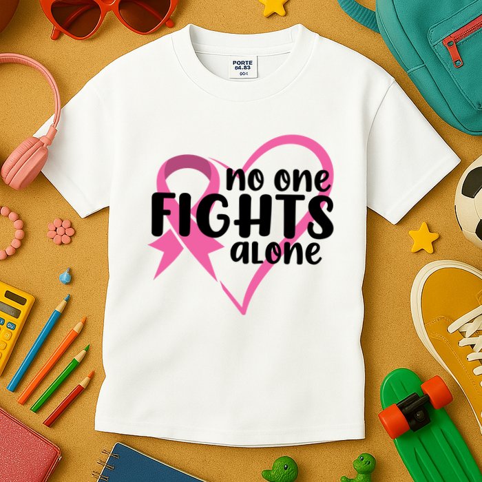 No One Fights Alone Breast Cancer Heart Kids T-Shirt