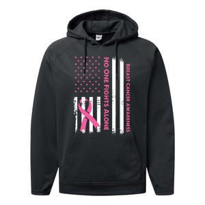 No One Fights Breast Cancer Alone USA Flag Pink Ribbon Performance Fleece Hoodie