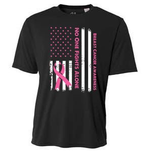 No One Fights Breast Cancer Alone USA Flag Pink Ribbon Cooling Performance Crew T-Shirt