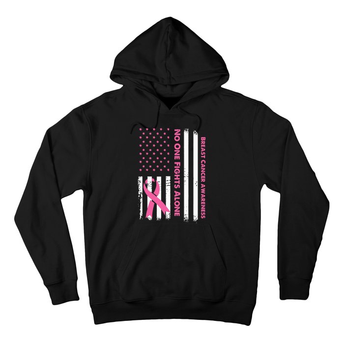 No One Fights Breast Cancer Alone USA Flag Pink Ribbon Hoodie