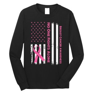 No One Fights Breast Cancer Alone USA Flag Pink Ribbon Long Sleeve Shirt