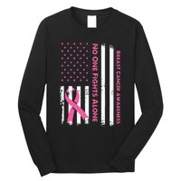 No One Fights Breast Cancer Alone USA Flag Pink Ribbon Long Sleeve Shirt