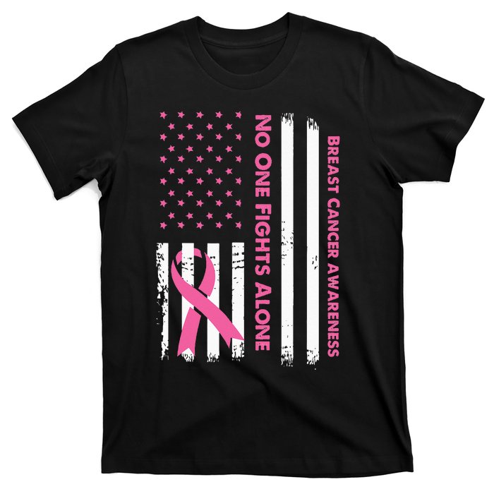 No One Fights Breast Cancer Alone USA Flag Pink Ribbon T-Shirt