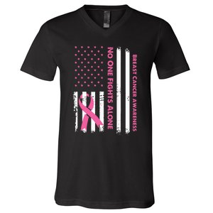 No One Fights Breast Cancer Alone USA Flag Pink Ribbon V-Neck T-Shirt