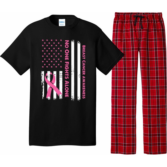 No One Fights Breast Cancer Alone USA Flag Pink Ribbon Pajama Set