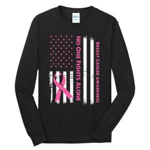 No One Fights Breast Cancer Alone USA Flag Pink Ribbon Tall Long Sleeve T-Shirt