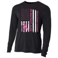 No One Fights Breast Cancer Alone USA Flag Pink Ribbon Cooling Performance Long Sleeve Crew