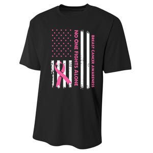 No One Fights Breast Cancer Alone USA Flag Pink Ribbon Performance Sprint T-Shirt