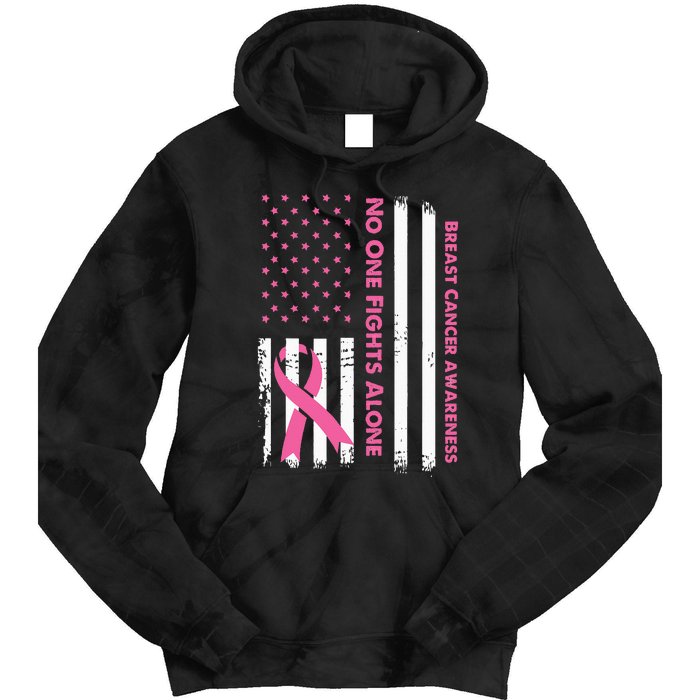 No One Fights Breast Cancer Alone USA Flag Pink Ribbon Tie Dye Hoodie