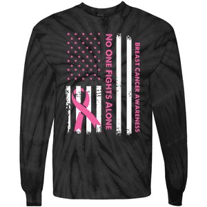 No One Fights Breast Cancer Alone USA Flag Pink Ribbon Tie-Dye Long Sleeve Shirt