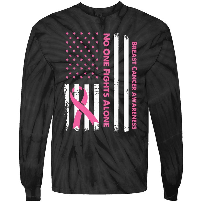 No One Fights Breast Cancer Alone USA Flag Pink Ribbon Tie-Dye Long Sleeve Shirt