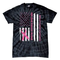 No One Fights Breast Cancer Alone USA Flag Pink Ribbon Tie-Dye T-Shirt