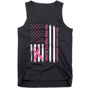 No One Fights Breast Cancer Alone USA Flag Pink Ribbon Tank Top