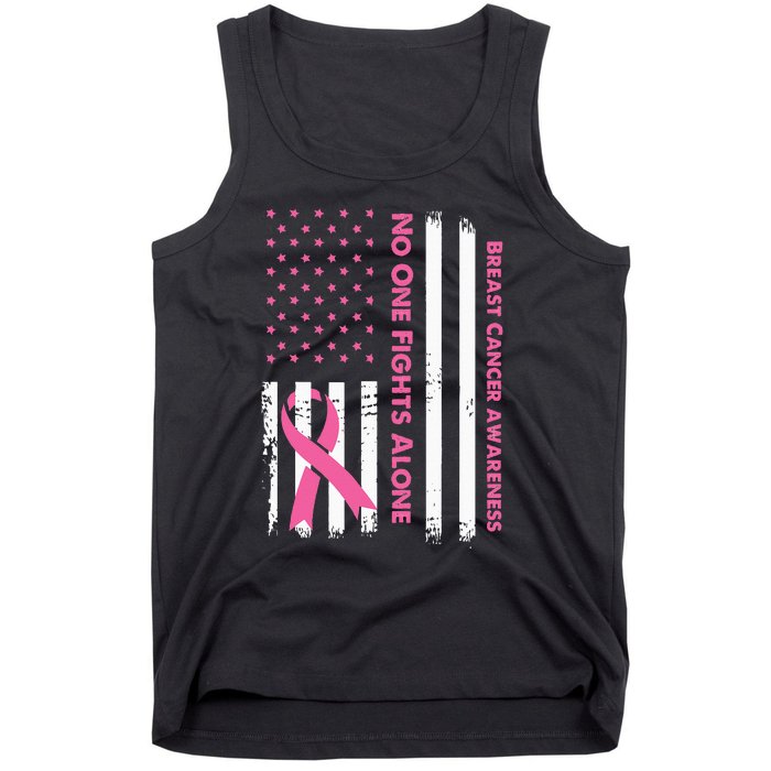 No One Fights Breast Cancer Alone USA Flag Pink Ribbon Tank Top