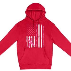 No One Fights Breast Cancer Alone USA Flag Pink Ribbon Premium Pullover Hoodie