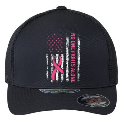 No One Fights Breast Cancer Alone American Flag P.Ink Ribbon Gift Flexfit Unipanel Trucker Cap