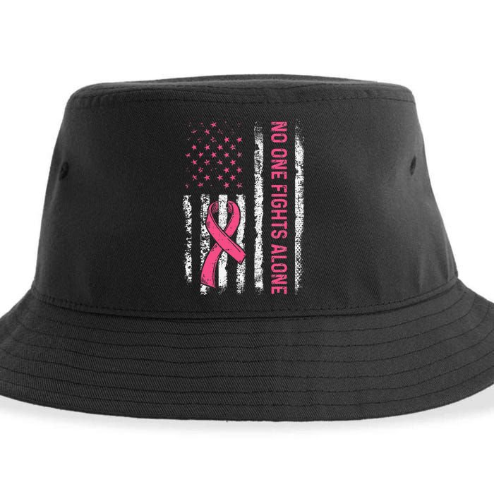 No One Fights Breast Cancer Alone American Flag P.Ink Ribbon Gift Sustainable Bucket Hat