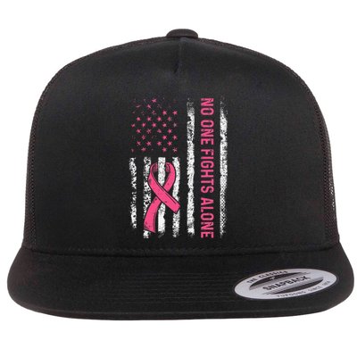 No One Fights Breast Cancer Alone American Flag P.Ink Ribbon Gift Flat Bill Trucker Hat