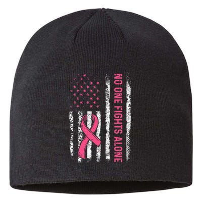 No One Fights Breast Cancer Alone American Flag P.Ink Ribbon Gift Sustainable Beanie