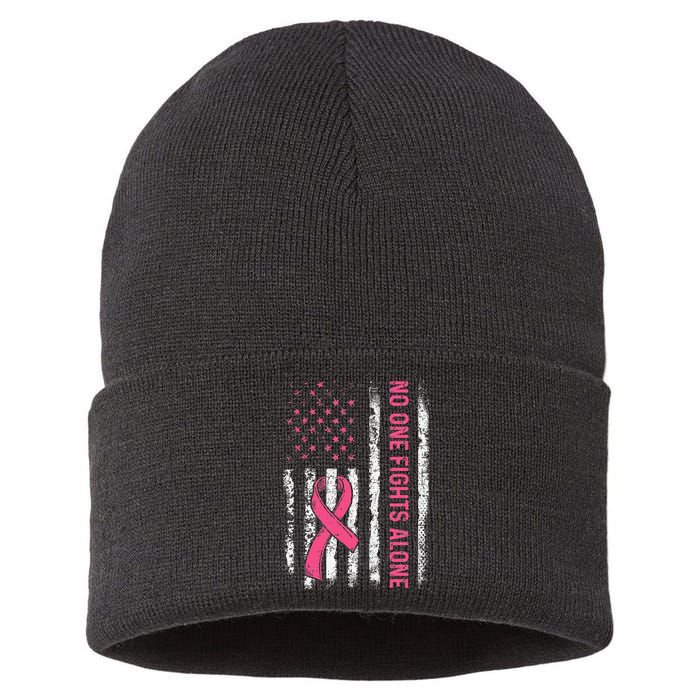 No One Fights Breast Cancer Alone American Flag P.Ink Ribbon Gift Sustainable Knit Beanie