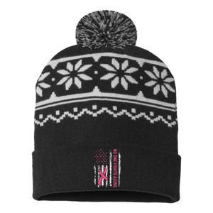 No One Fights Breast Cancer Alone American Flag P.Ink Ribbon Gift USA-Made Snowflake Beanie