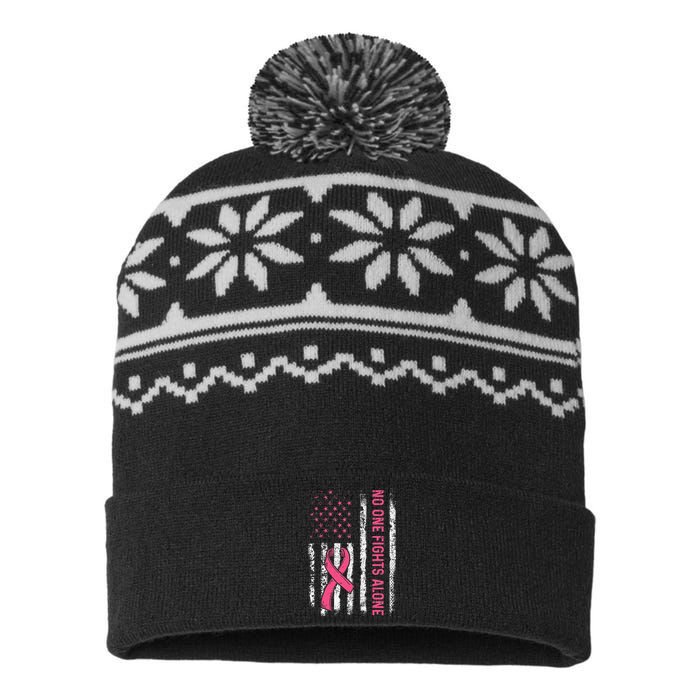 No One Fights Breast Cancer Alone American Flag P.Ink Ribbon Gift USA-Made Snowflake Beanie