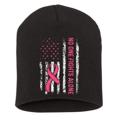 No One Fights Breast Cancer Alone American Flag P.Ink Ribbon Gift Short Acrylic Beanie