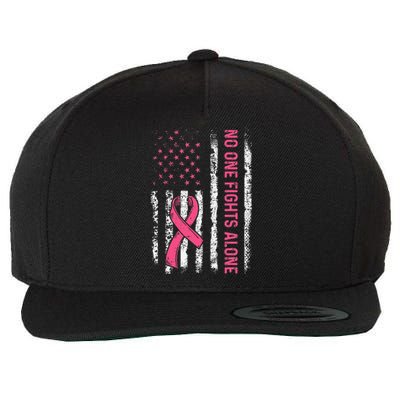 No One Fights Breast Cancer Alone American Flag P.Ink Ribbon Gift Wool Snapback Cap