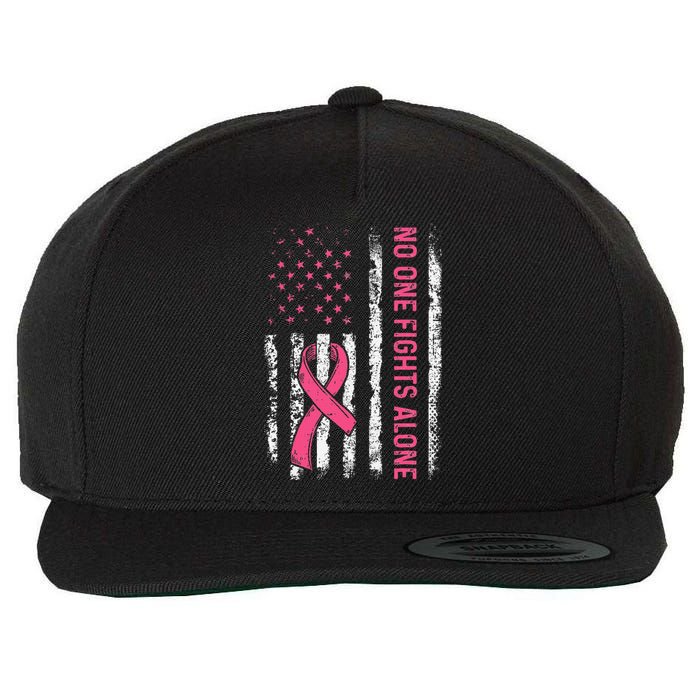 No One Fights Breast Cancer Alone American Flag P.Ink Ribbon Gift Wool Snapback Cap